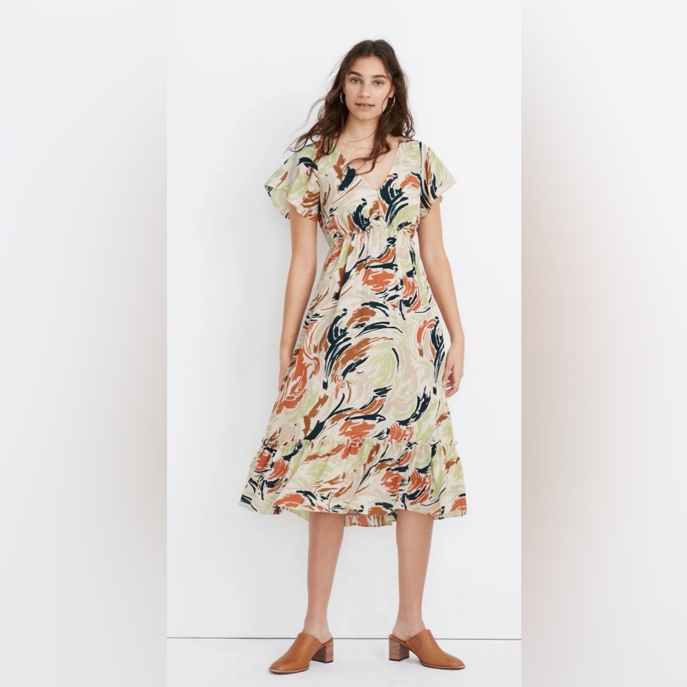Madewell Flutter-Sleeve Ruffle-Waist Midi Dress in Brushing Up size 2